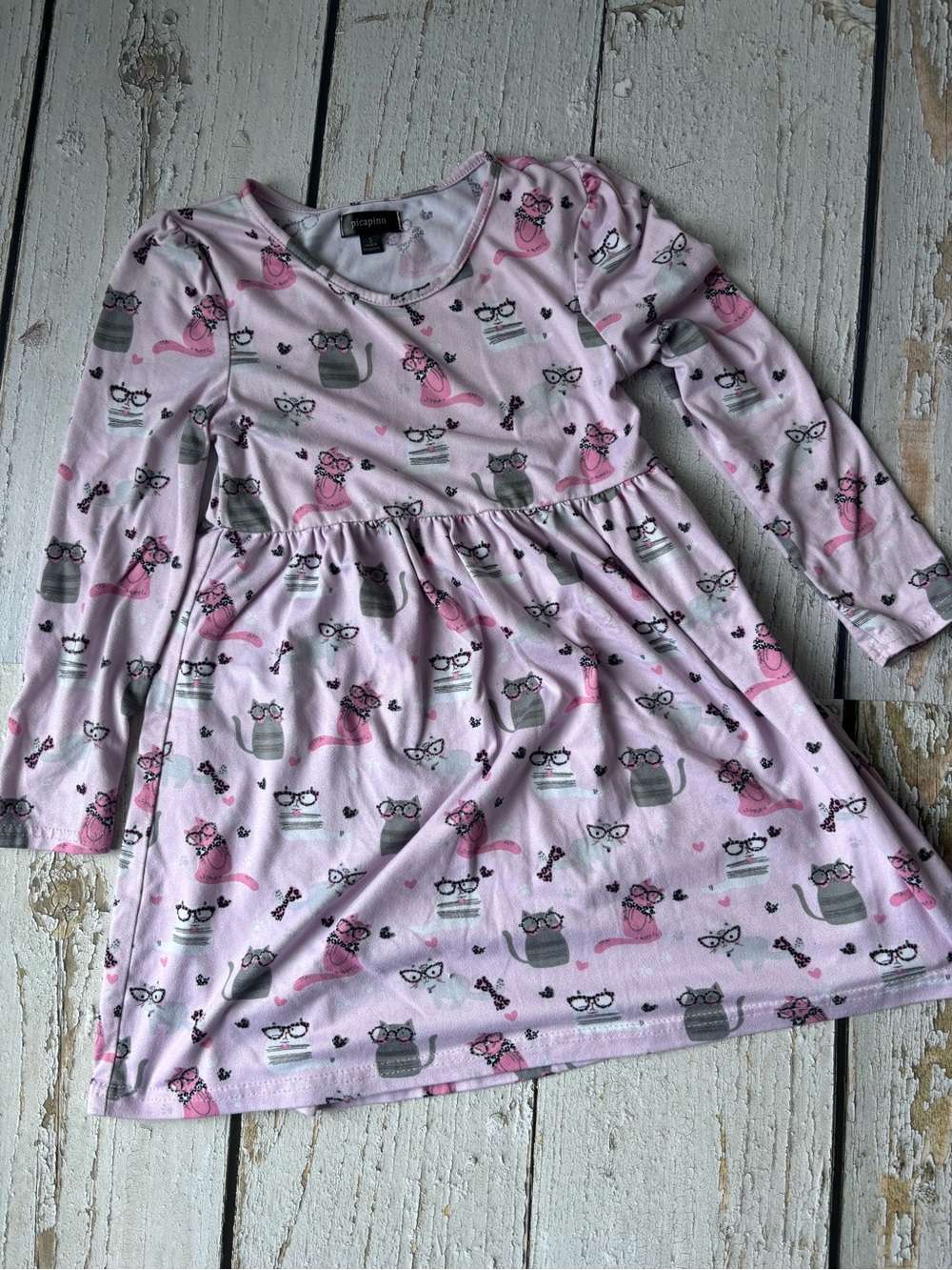 Girls Pink Cat Print Long Sleeve Casual Dress